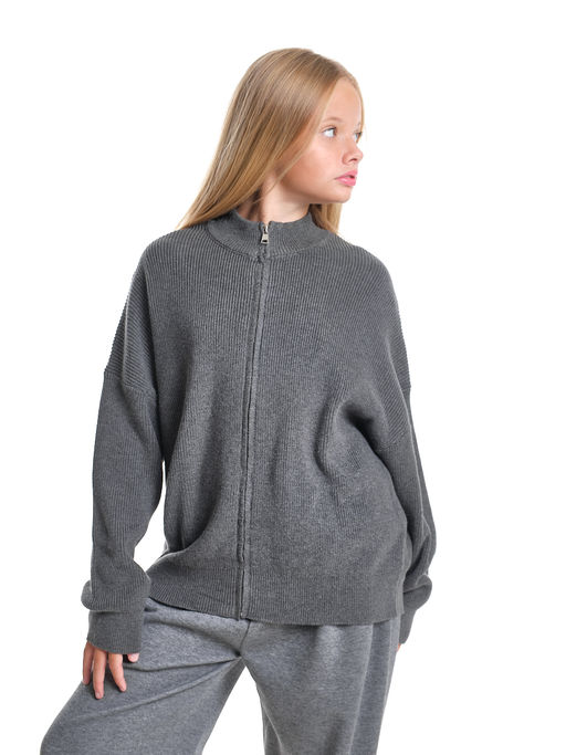 Джемпер оверсайз на молнии для девочки 33-7596 серый