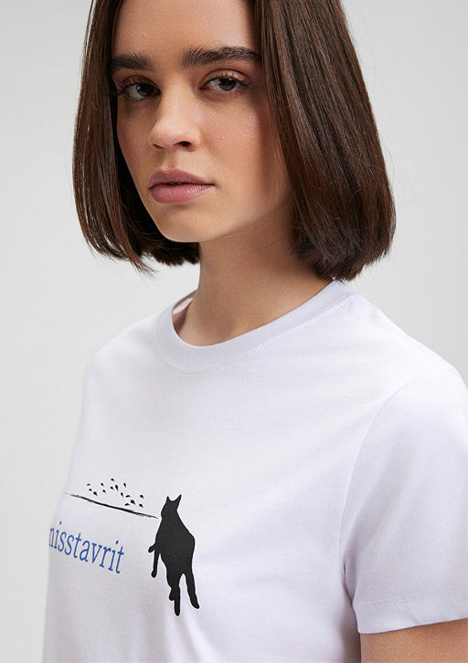 Misstavrit Bask?l? Beyaz Tisort - Mavi фото 5