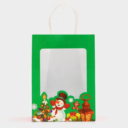 Цена за 2 шт. Пакет подарочный бумажный с окном «Снеговик» 19×26×13 см, крафт зеленый