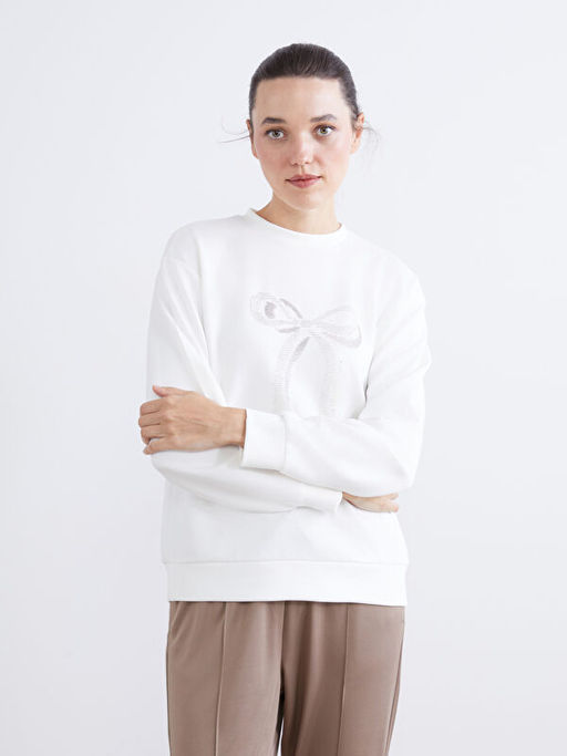 Dik Yaka Kurdele Bask?l? Kad?n Sweatshirt