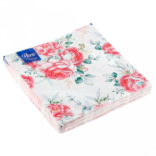 Салфетки бумажные 33х33см "Pero Prestige", 3-х слойные, 20 штук в упаковке, "Розовый букет" (Россия)