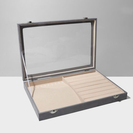 Шкатулка 10 крюч,7 пол, флок,35×24×5,стекл крыш, серо-беж