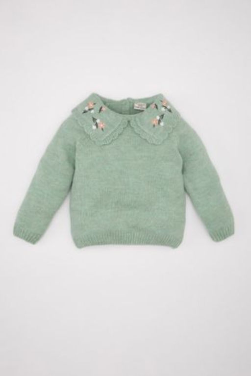 K?z Bebek Yesil Cicekli Buyuk Yaka Triko Kazak