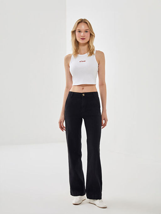 Bisiklet Yaka Bask?l? Kad?n Crop