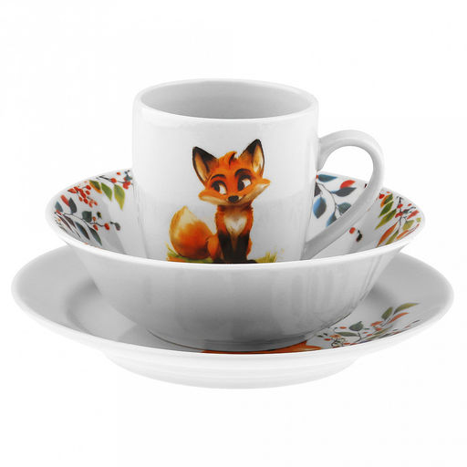 Набор посуды фарфоровый "Лисичка" 3 предмета: тарелка мелкая д175мм гладкий край, салатник д360мм, кружка 210мл, форма "Глория", подарочная упаковка (Россия)