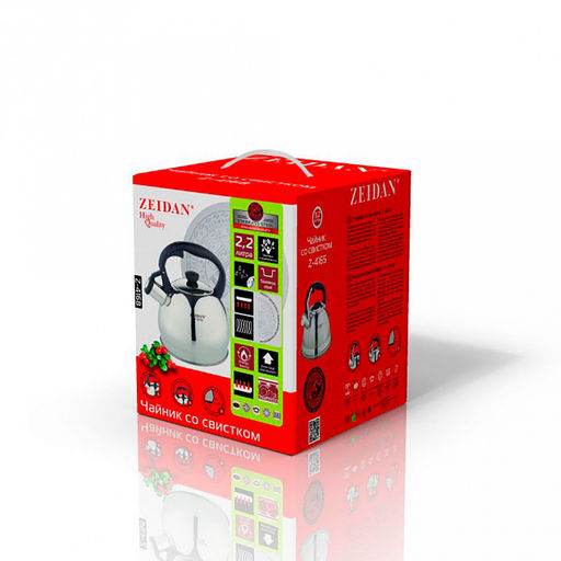 Чайник из нержавеющей стали "Zeidan" 2л, со свистком, индукционное дно, курковый механизм, зеркальная полировка корпуса, фиксированная бакелитовая ручка, подарочная коробка (Китай) Подходит для всех видов плит, включая индукционную!