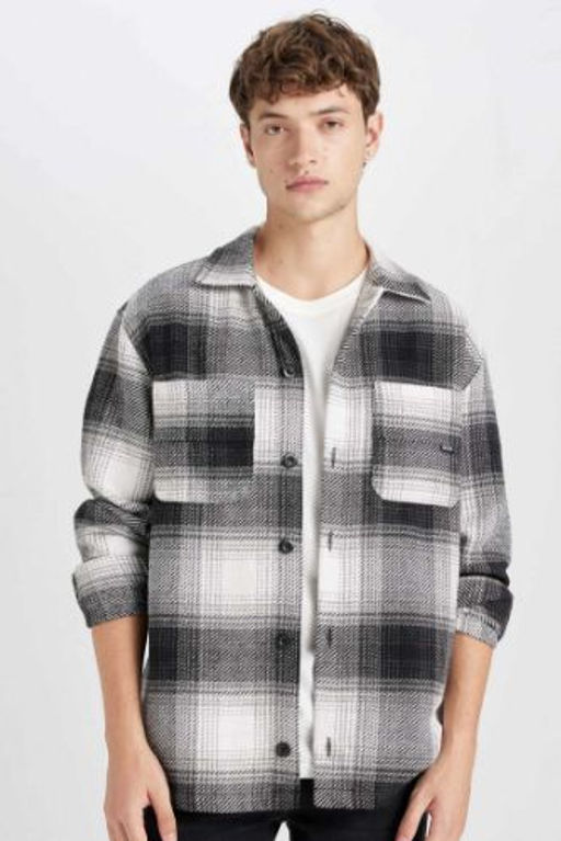 Siyah Relax Fit Polo Yaka Kareli Oduncu Flanel Uzun Kollu Gomlek Ceket