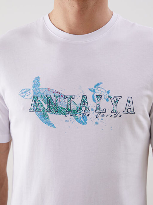 Bisiklet Yaka Antalya Bask?l? Penye Erkek Ti??rt