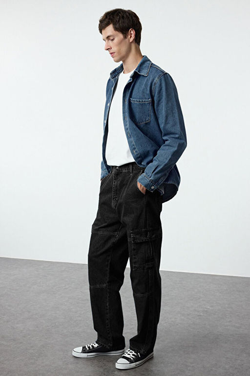 Erkek Siyah Soluk Efektli Baggy Kargo Bol Kot Pantolon Jeans TMNAW25JE00002 - Trendyolmilla фото 2