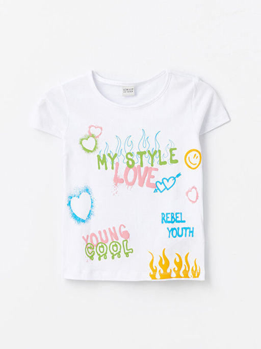 Bisiklet Yaka Bask?l? K?sa Kollu K?z ?ocuk Ti??rt