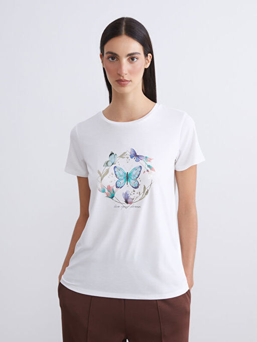 Bisiklet Yaka Bask?l? Kad?n Ti??rt