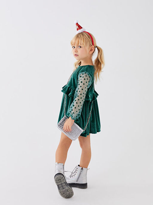 Bisiklet Yaka Uzun Kollu Kadife K?z Bebek Elbise