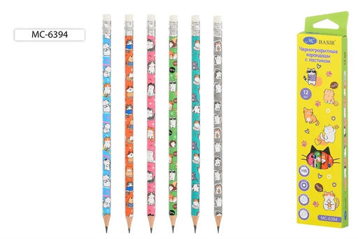 Цена за 5 шт. Карандаш ч/гр. BASIR "Кошки", HB, с ластиком (МС-6394) корпус с рисунком