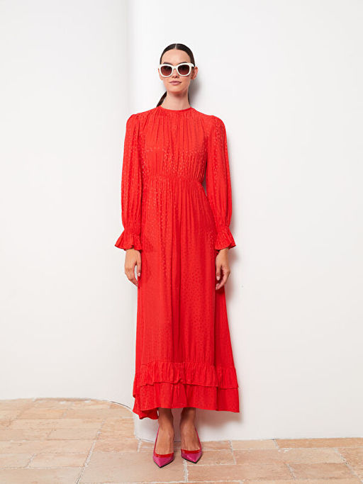 Bisiklet Yaka Desenli Uzun Kollu Saten Kad?n Elbise