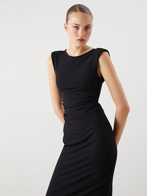 S?rt Dekolteli Y?rtma?l? Midi Elbise