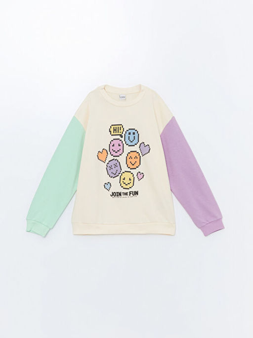 Bisiklet Yaka Bask?l? Uzun Kollu K?z ?ocuk Sweatshirt