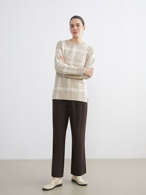 Bisiklet Yaka Ekose Kad?n Triko Kazak