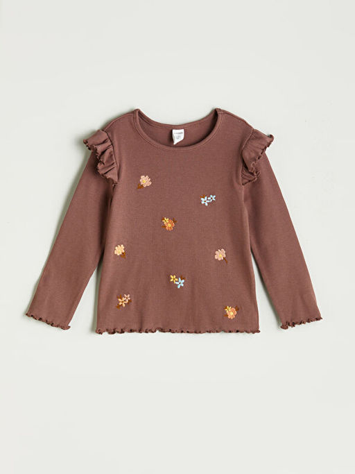 Bisiklet Yaka ?i?ek Nak??l? K?z ?ocuk Ti??rt