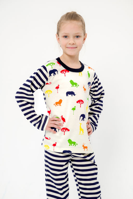 Пижама детская из джемпера и брюк без манжет из интерлока Сафари темно-синий полоса - Амадэль фото 18