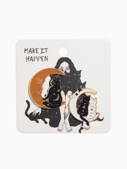 Набор значков (2 шт.) Коты на Луне, цветной в золоте