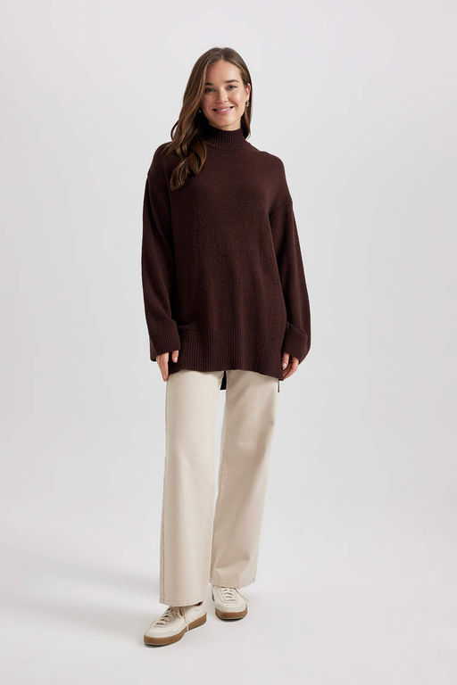 Свитер-туника обычного кроя с высоким воротником - Defacto фото 2