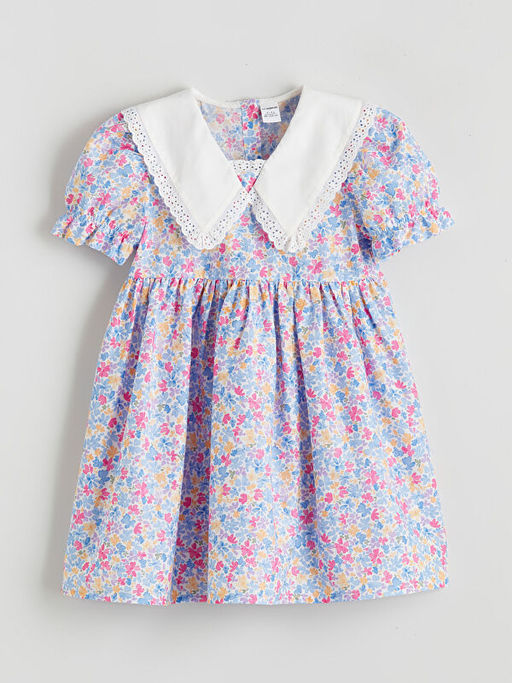 Bask?l? Keten G?r?n?ml? K?z ?ocuk Elbise