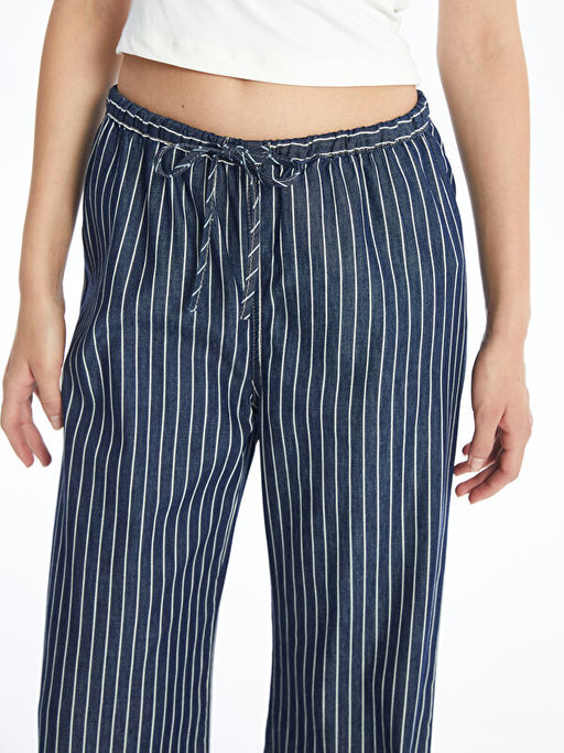 Beli Lastikli ?izgili Straight Fit Kad?n Jean Pantolon