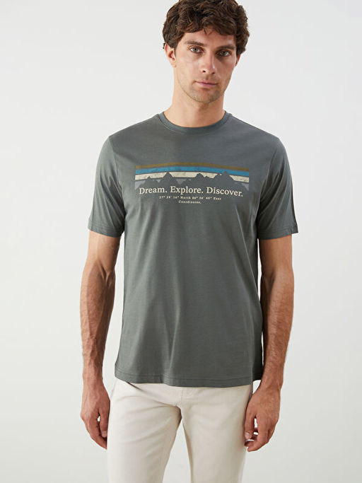 Bisiklet Yaka Bask?l? Penye Erkek Ti??rt