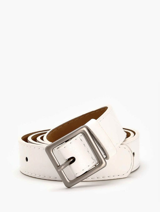 Ремень женский, 110×3 см, квадратная матовая металлическая пряжка, серебристая, белый