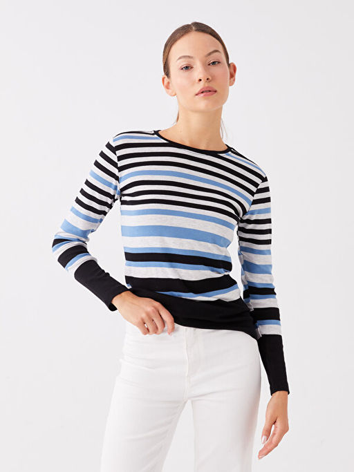 Bisiklet Yaka ?izgili Uzun Kollu Kad?n Ti??rt