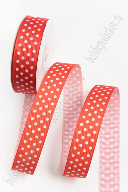Лента репсовая 2,5 см*25 ярд с рисунком "Крупный горох" SF-6131, красный/белый