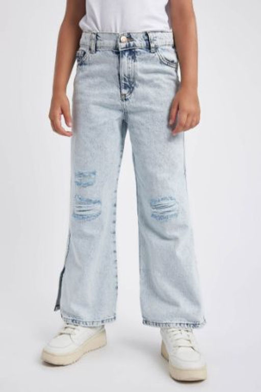 K?z Cocuk Wide Leg Y?rt?k Detayl? Genis Paca Jean Pantolon