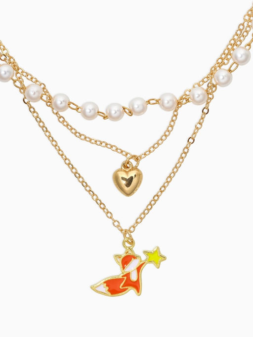 Бусы детские "Выбражулька" 3 нити, лиса, сердце, жемчуг, белые в золоте