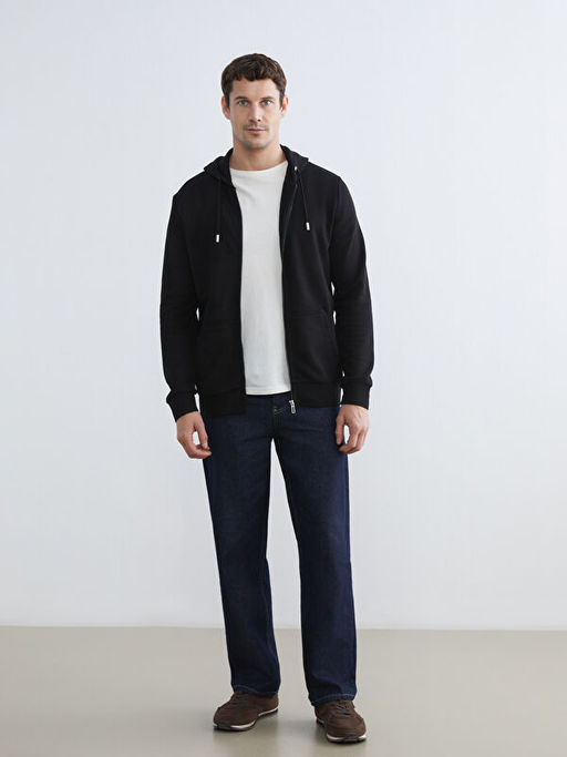 Standart Kal?p Kap??onlu Erkek Fermuarl? Sweatshirt