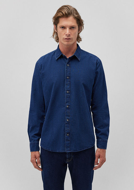 Cizgili Denim Gomlek - Mavi фото 3