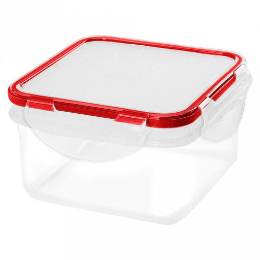 Modena Контейнер для продуктов пластмассовый 1,2л, квадратный, 15,5х15,5х8,6см, прозрачный, с красной оконтовкой, подходит для СВЧ (Россия)