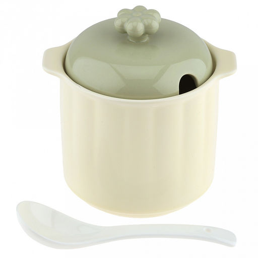 Банка для сыпучих продуктов керамическая "Семейная" 850мл, д12,5см, h11см, 2 ручки, с крышкой с выемкой для ложки и ручкой-цветком - светло-зеленый, общая h15см, с ложкой 16,6см - белый, рифленый борт, светло-желтый, в коробке (Китай)