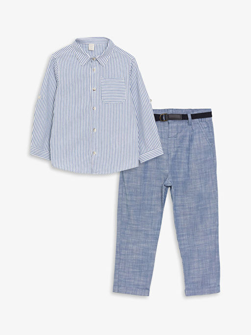 Uzun Kollu Erkek Bebek G?mlek ve Kemerli Pantolon 2li Tak?m