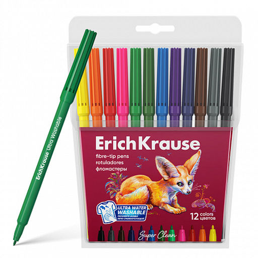 АКЦИЯ Цена за 12 шт. Фломастеры ErichKrause Safari Ultra Washable 12 цветов (в футляре с европодвесом 12 шт)