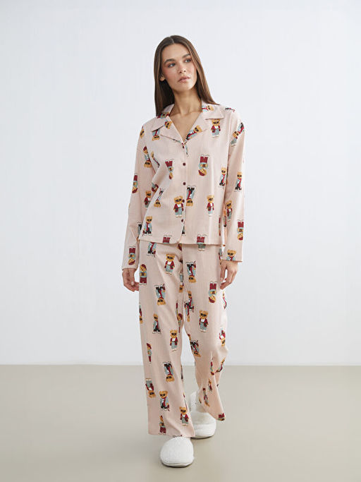 G?mlek Yaka Ay? Teddy Bask?l? Kad?n Pijama Tak?m?