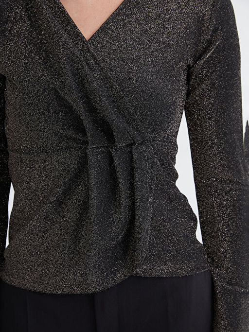 Kruvaze Yaka Parlak G?r?n?ml? B?zg?l? Bluz