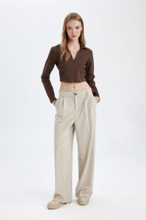 Klasik Pantolon Wide Leg Genis Bol Paca Fleto Cepli Yuksek Bel Standart Boy Basic Duz