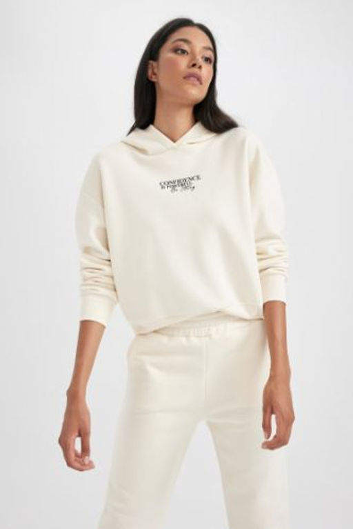 Relax Fit Kapusonlu Bask?l? Kal?n Sweatshirt