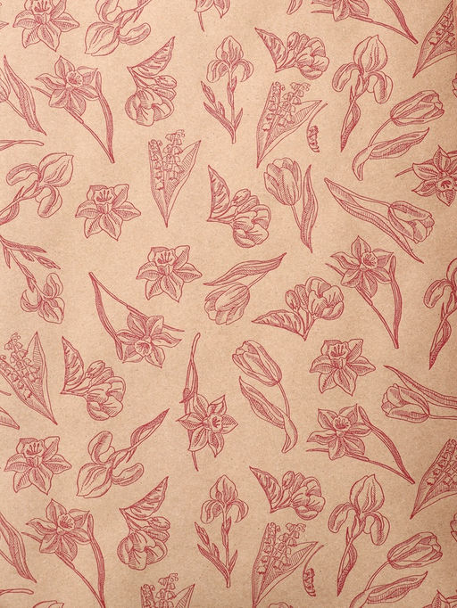 Бумага упаковочная крафт Ирисы красный цвет на коричневом фоне, 0.72?105% м, 60 г