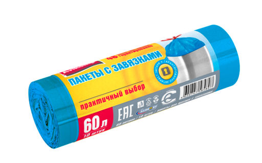 Avikomp пакеты для мусора, 60л*10шт, с Завязками, повыш.прочн., в Рулоне (голубые), 20мкм