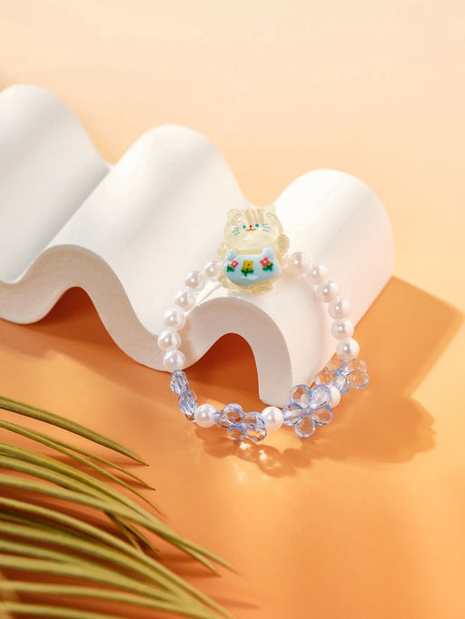 Цена за 3 шт. Браслет детский Выбражулька «Котик», d=6 см цветы, жемчуг, бело-голубой