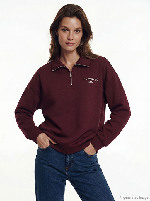 Dik Yaka Nak??l? Oversize Kad?n Sweatshirt Tunik