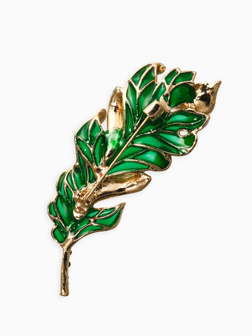 Брошь «Перо» прозрачное, зелёный, белый в золоте
