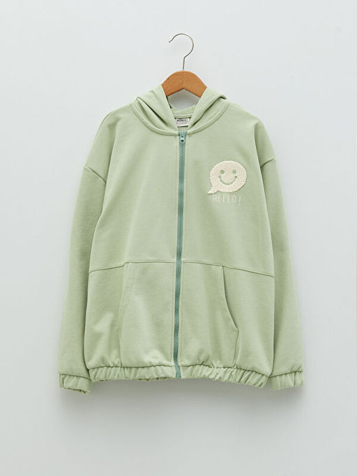 Kap??onlu Nak??l? Uzun Kollu K?z ?ocuk Fermuarl? Sweatshirt