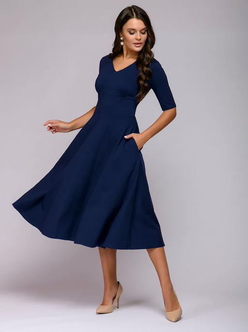 Платье синее длины миди с глубоким вырезом и рукавами 1/2 - 1001dress фото 2
